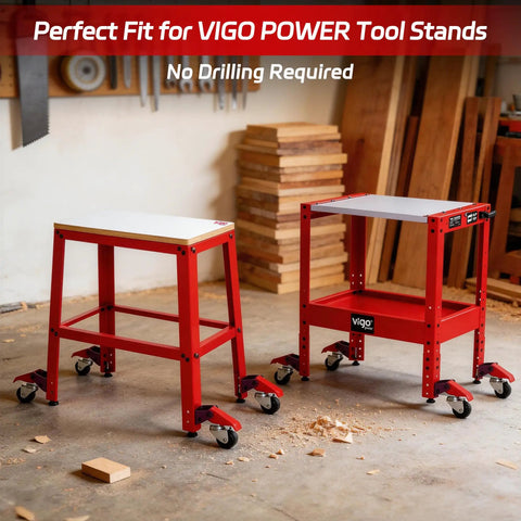 Heavy Duty Retractable Workbench Caster Kit With Foot Release And Sturdy Hardware, red tool stands with casters in workshop.