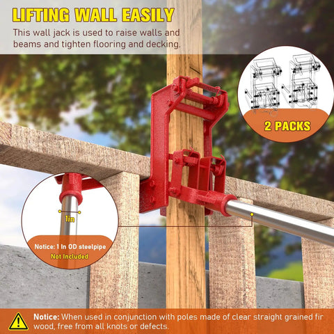 Two Pack Malleable Iron Wall Jacks For Framing Lifting Heavy Beams And Tightening Flooring Compatible With One Inch Steel Pipe Or Standard Wooden Poles Easy To Use Heavy Duty Support Up To 1000 Lbs Capacity For Construction Projects mounted on wooden beam with steel pipe.