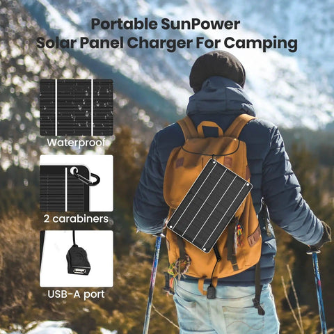 Person hiking with 6W USB Solar Panel Mini For Phones And Gadgets, IP67 Waterproof Monocrystalline Module on backpack