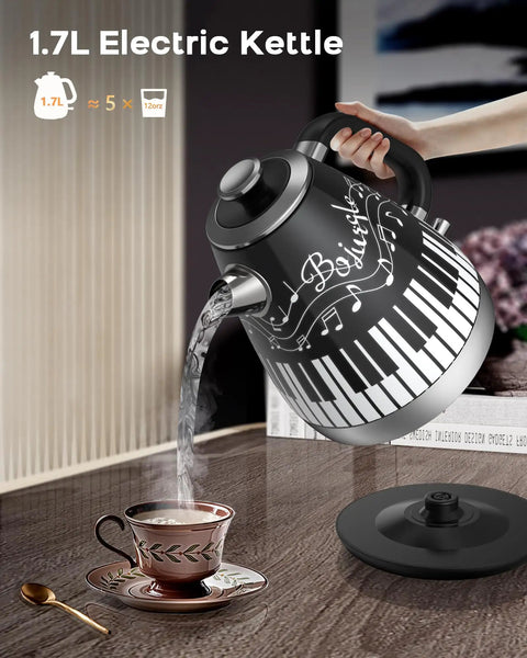 Electric Kettle With Piano And Musical Notes Design 1.7 Liter Stainless Steel Interior 1200 Watt Fast Boil For Tea And Coffee