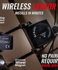 Padrone Wireless Bike Computer With Oversized Display And No GPS showing wireless speedometer sensor on bike wheel.