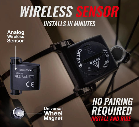 Padrone Wireless Bike Computer With Oversized Display And No GPS showing wireless speedometer sensor on bike wheel.