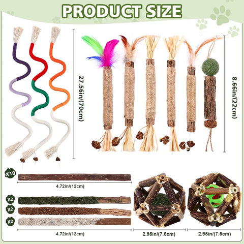 27 Pack Catnip Chew Toys For Cats With Cotton Sisal Rope And Natural Silvervine Sticks, multiple toys with dimensions