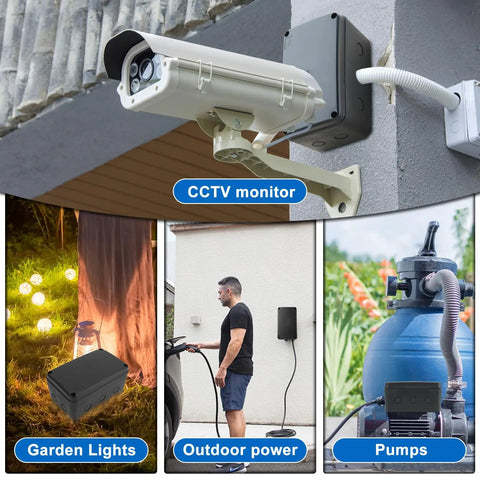 Black IP66 Weatherproof Outdoor Electrical Box Junction Enclosure Built Tough For Outdoors All Weather Ready ABS Plastic External Project Box 7 1/8 by 4 1/2 by 4 Inches 100 Pack for CCTV, garden lights, outdoor power, and pumps