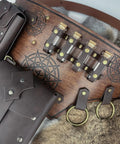 Slick Embossed Faux Leather Medieval Alchemy Waist Belt Set With Secure Wizard Potion Vial Holders showing potion slots and pouches.