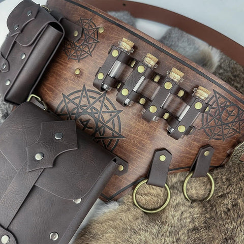 Slick Embossed Faux Leather Medieval Alchemy Waist Belt Set With Secure Wizard Potion Vial Holders showing potion slots and pouches.