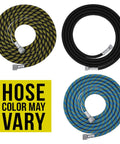 Kickass 10 Ft Braided Airbrush Hose With Kink Free Flex And Snappy Zinc Connectors, showcasing three color variations and flexibility.