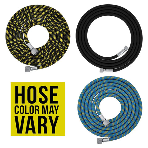 Kickass 10 Ft Braided Airbrush Hose With Kink Free Flex And Snappy Zinc Connectors, showcasing three color variations and flexibility.