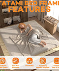 Queen Foldable Floor Bed Frame Built Tough With Heavy Duty Pine Wood Slats Features An Elevated Airflow Gap Hassle Free Setup Rock Solid Platform Sleeping Base For Bedrooms with a woman sleeping.
