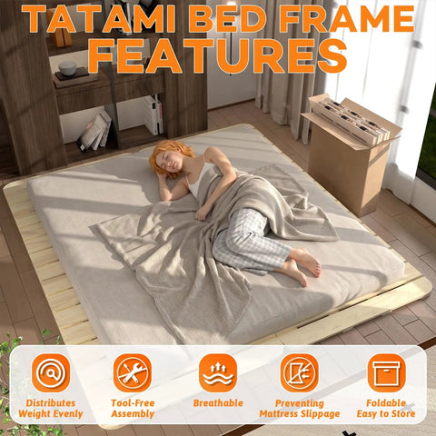 Queen Foldable Floor Bed Frame Built Tough With Heavy Duty Pine Wood Slats Features An Elevated Airflow Gap Hassle Free Setup Rock Solid Platform Sleeping Base For Bedrooms with a woman sleeping.