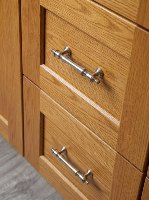 Brushed Satin Nickel Cabinet Pulls 3 Inch Centers 6 Pack Zinc Alloy Drawer Handles installed on wooden kitchen drawers