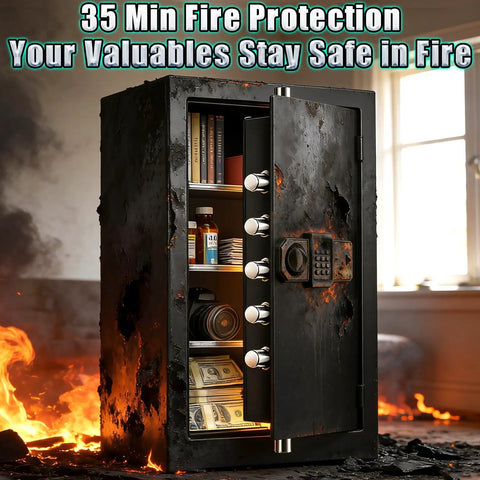 6.5 Cu Ft Fireproof Waterproof Home Safe With Combination Lock Anti Theft Alarm Removable Shelf Heavy Duty Security Safe For Fire And Water Protection Up To 1800F For 35 Minutes, open with valuables inside, surrounded by flames