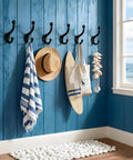 Six Pack Cast Iron Wall Hooks Vintage Black Metal Heavy Duty Coat Rack bathroom kitchen entryway decor with beach accessories.