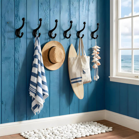 Six Pack Cast Iron Wall Hooks Vintage Black Metal Heavy Duty Coat Rack bathroom kitchen entryway decor with beach accessories.