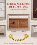 Comparison of furniture before and after using Six Pack 4.5 Inch Center To Center Drawer Pulls Antique Drop Bail Handles Vintage Style Gold Finish