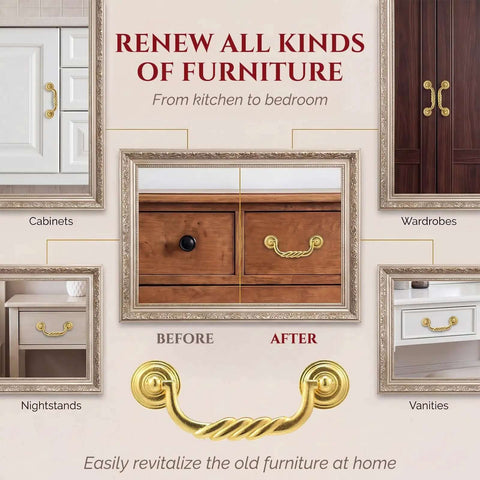 Comparison of furniture before and after using Six Pack 4.5 Inch Center To Center Drawer Pulls Antique Drop Bail Handles Vintage Style Gold Finish