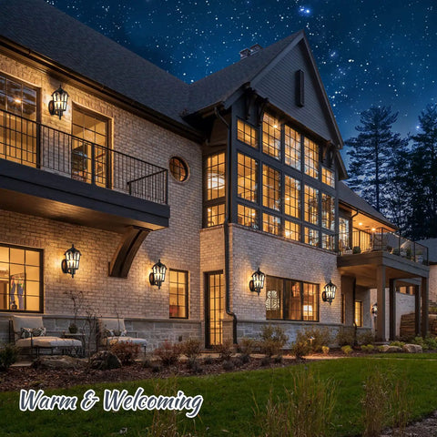 Heavy Hitter 16 Inch Large Outdoor Wall Light Fixtures Built Tough Exterior Metal Lantern Sconces illuminating a home exterior at night.