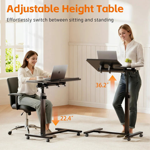 Two women using Must-Have Adjustable Overbed Table With 180-Degree Swivel Desktop, Portable Rolling C-Shaped Bedside Desk, Black Finish.