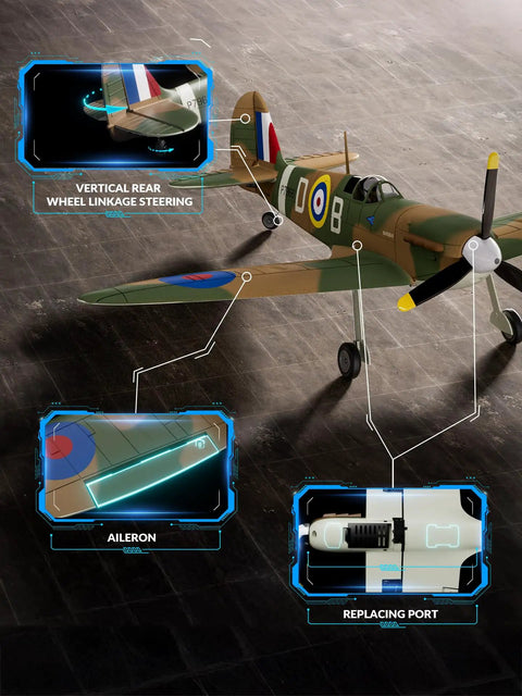 Brushless RC Plane With 4 Channel Remote Spitfire Fighter RTF Gyro Stabilizer Aileron Advanced Aerobatics details on hardwood surface