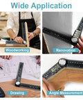 Digital Angle Ruler Protractor With 7 Inch And 200mm Scale, used for woodworking, renovation, drawing, and angle measurement.