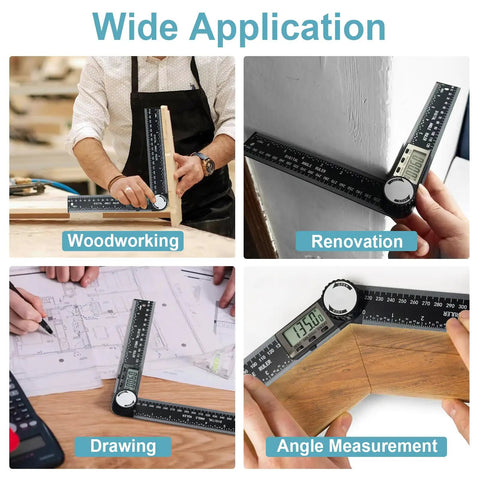 Digital Angle Ruler Protractor With 7 Inch And 200mm Scale, used for woodworking, renovation, drawing, and angle measurement.