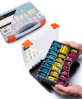 Hands holding open box of All In One Heat Shrink Wire Connectors Kit For Marine And Auto Use 270 Pc Set with translucent tubing