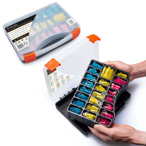Hands holding open box of All In One Heat Shrink Wire Connectors Kit For Marine And Auto Use 270 Pc Set with translucent tubing