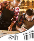 Pro Grade Dowel And Tenon Center Pins Set Features Twenty Four Pieces Across Six Exact Sizes, two workers measuring with steel pins.