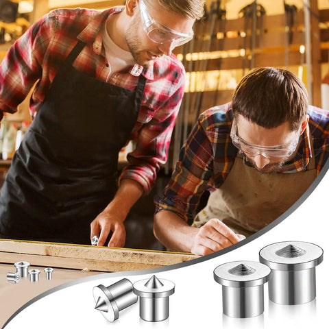 Pro Grade Dowel And Tenon Center Pins Set Features Twenty Four Pieces Across Six Exact Sizes, two workers measuring with steel pins.