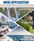Wide application collage with fishing, guardrail net, dog leashes, and marine use featuring strong cables.