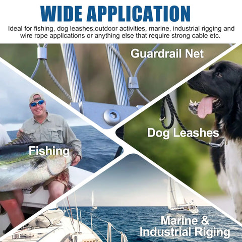 Wide application collage with fishing, guardrail net, dog leashes, and marine use featuring strong cables.