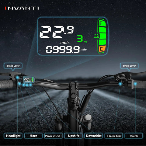 Adult Electric Mountain Bike With 26 Inch Tires And 750W Peak Motor dashboard displaying speed and gear information.