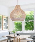White Rattan Pendant Light For Kitchen Island And Living Room, Coastal Round Wicker Chandelier above dining table