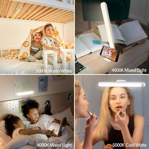 Rechargeable Dimmable Touch Light Bar With Three Color Temperatures in various settings, 3000K 4000K 5000K, wireless stick-on use