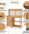Large Outdoor Potting Bench With Storage Cabinet And Shelf Planting Console For Patio Lawn Garden Pro Grade Fir Wood Workstation Built To Last Durable Finish And Easy Assembly shown from various detailed angles, including hooks, lock, and handle.