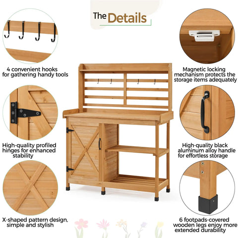 Large Outdoor Potting Bench With Storage Cabinet And Shelf Planting Console For Patio Lawn Garden Pro Grade Fir Wood Workstation Built To Last Durable Finish And Easy Assembly shown from various detailed angles, including hooks, lock, and handle.