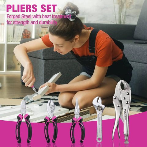 Woman using Pink 218-Piece Go-To Home Repair Tool Kit With Wide Mouth Storage Bag For DIY Projects, Handy Hand Tool Set on floor