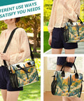 Woman carrying insulated lunch bag with adjustable shoulder strap, tropical summer desert cactus print, large 12L capacity