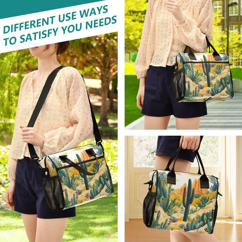 Woman carrying insulated lunch bag with adjustable shoulder strap, tropical summer desert cactus print, large 12L capacity