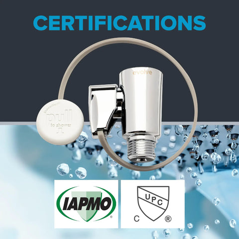 ShowerStart Thermostatic Shut-Off Valve In Chrome Finish, UPC Certified, IAPMO certified, water and energy saving solution image.