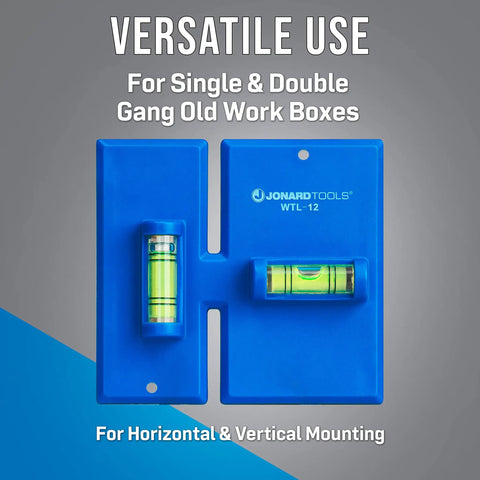 Wall Box Template And Level For Old Work Electrical Boxes Blue With Built In Level For Single And Double Gang Mounting In Horizontal Or Vertical Positions And Wide Protective Rubber Strips For No Fuss Safe Use