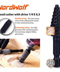 NordWolf 10-piece rotary burr wood carving set with 1/4-in hex shank; view shows black textured burrs, drill attachment