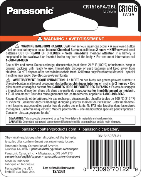 Product warning label for Solid Bang For Buck Cr1616 Lithium Coin Cell Batteries 3 Volt Long Lasting Power For Watches Key Fobs Child Resistant Two Pack