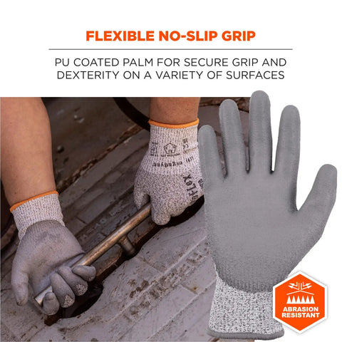 ProFlex 7030 Cut Resistant Work Gloves ANSI A3 with PU coated palms shown gripping metal rod, showcasing abrasion resistance.