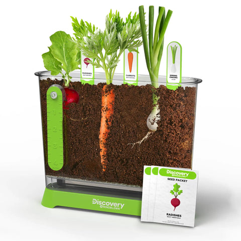 Clear vegetable garden kit with carrots, radishes, onions, soil, seed packets, part of Edible Veggie Garden Watch It Grow Kit For Kids Kid Friendly A DIY STEM Activity That Helps Them Grow Carrots Radishes And Onions With Seed Packets Potting Mix And Root Tracker An 11 Piece Learning Toy Gift For Ages 6 Plus.