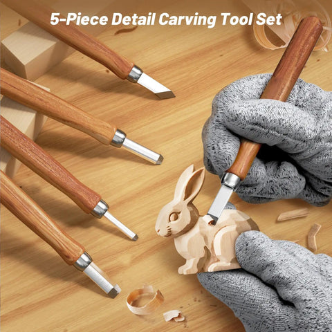 All-In-One Wood Carving Kit For Beginners with 5 detail knives carving a wooden rabbit, shown with gloves and wood shavings.