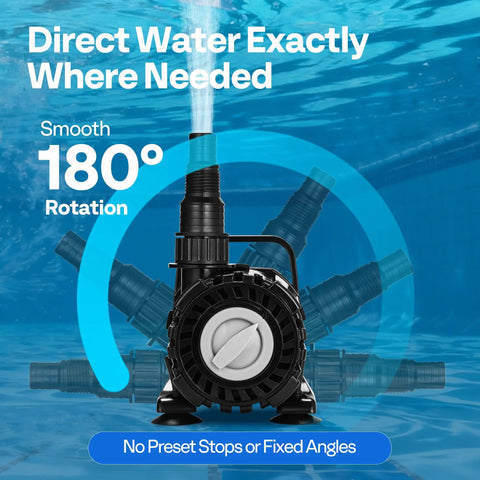 Beefy 100W Submersible Water Pump With Stepless Flow Control, showing 180-degree adjustable nozzle for pond use