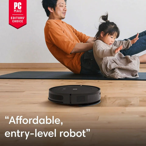 Man and child playing on a wooden floor with Robot Vacuum And Mop Combo With Powerful Suction And Smart Mapping For Multi Surface Floors In One Pass Easy To Use Self Charging Bagless Space Saving Design Cleans In Neat Rows And Edges Great For Pet Hair And Daily Messes in foreground