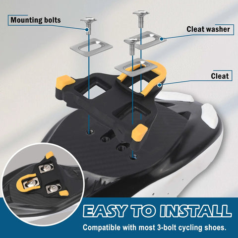 Diagram installation of a road bike cleat set with 6 degree float on a black cycling shoe, showing bolts and washers for clipless pedals.