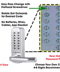 Front view of keyless entry 14 digit keypad mechanical door lock lever set, satin chrome finish, with rear hidden password plate.